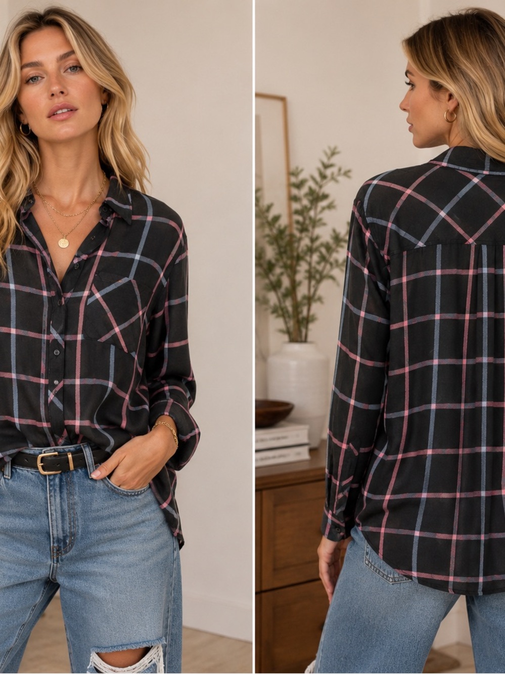 Rails Black Plaid Button-Down Shirt with Pink & Light Blue Windowpane